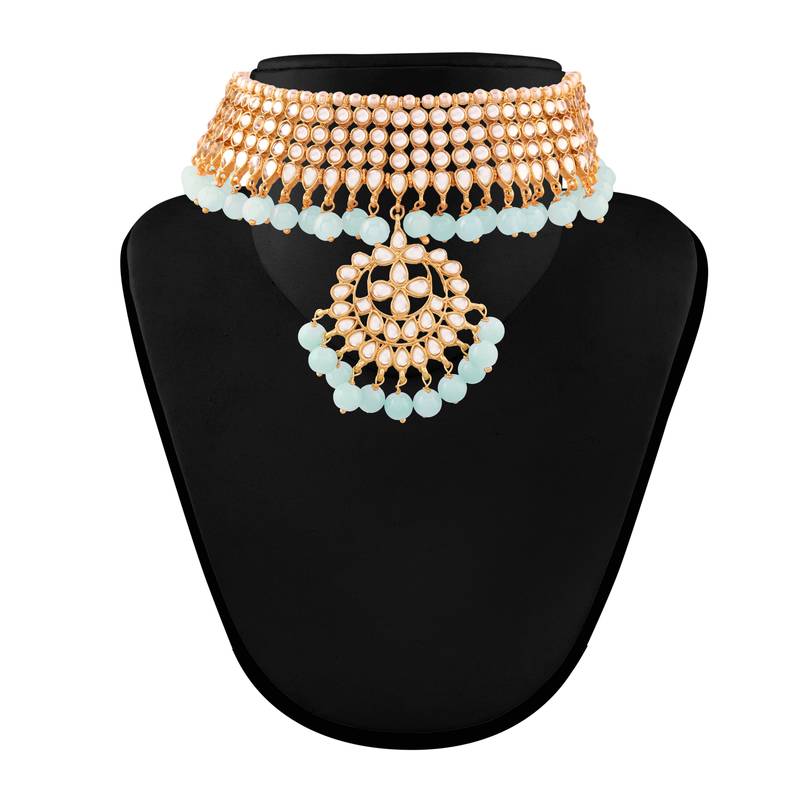 Traditional Kundan & Pearl Turquoise Choker Necklace Set For Women