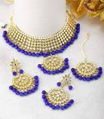 Traditional Kundan & Pearl Blue Choker Necklace Set For Women
