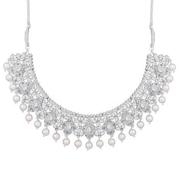 Traditional Oxidised Silver Plated Cz Stone Studded & Pearl Necklace Set With Earrings & Maang Tikka For Women 3