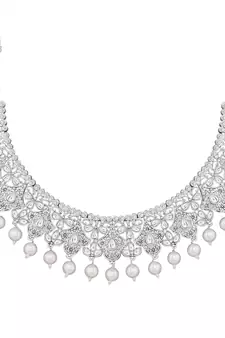 Traditional Oxidised Silver Plated Cz Stone Studded & Pearl Necklace Set With Earrings & Maang Tikka For Women