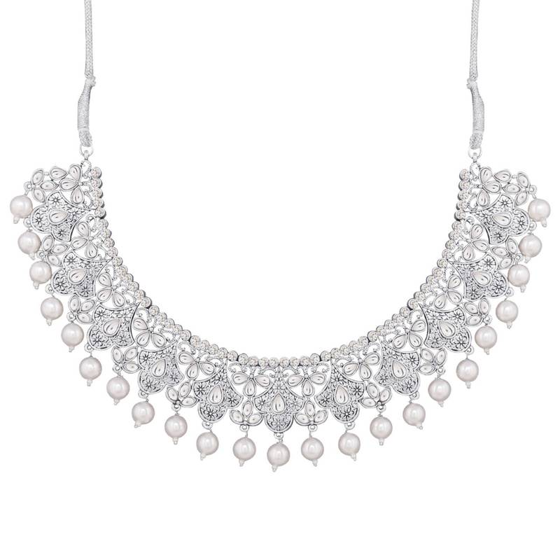 Traditional Oxidised Silver Plated Cz Stone Studded & Pearl Necklace Set With Earrings & Maang Tikka For Women