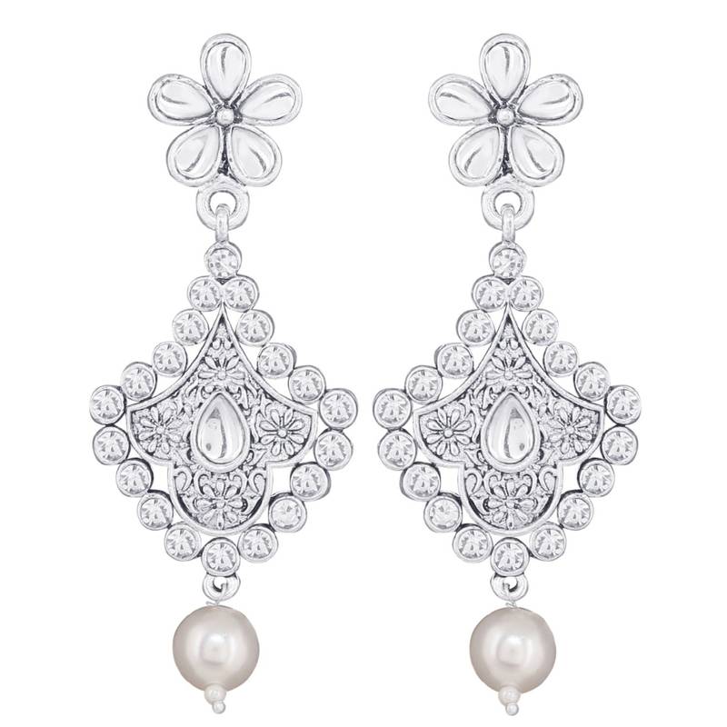 Traditional Oxidised Silver Plated Cz Stone Studded & Pearl Necklace Set With Earrings & Maang Tikka For Women