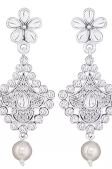 Traditional Oxidised Silver Plated Cz Stone Studded & Pearl Necklace Set With Earrings & Maang Tikka For Women