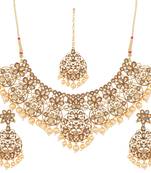 Traditional Stone Studded & Pearl Necklace Set With Earrings & Maang Tikka For Women
