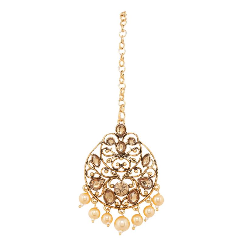 Traditional Stone Studded & Pearl Necklace Set With Earrings & Maang Tikka For Women