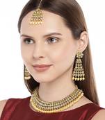 Traditional Handcrafted Stone Studded & Pearl Necklace Set With Earrings & Maang Tikka For Women