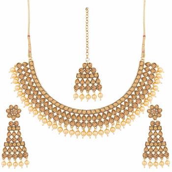 Traditional Handcrafted Stone Studded & Pearl Necklace Set With Earrings & Maang Tikka For Women 2