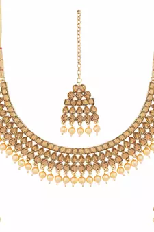 Traditional Handcrafted Stone Studded & Pearl Necklace Set With Earrings & Maang Tikka For Women