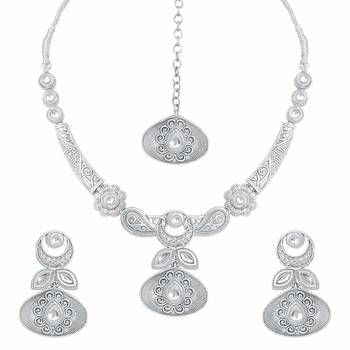 Oxidised Silver Handcrafted Rajsthani Necklace Set With Earrings & Maang Tikka For Women 1