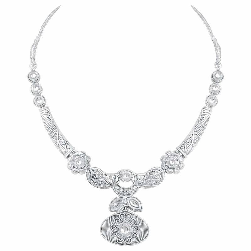 Oxidised Silver Handcrafted Rajsthani Necklace Set With Earrings & Maang Tikka For Women