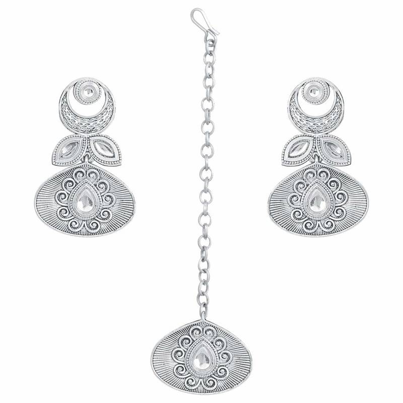 Oxidised Silver Handcrafted Rajsthani Necklace Set With Earrings & Maang Tikka For Women