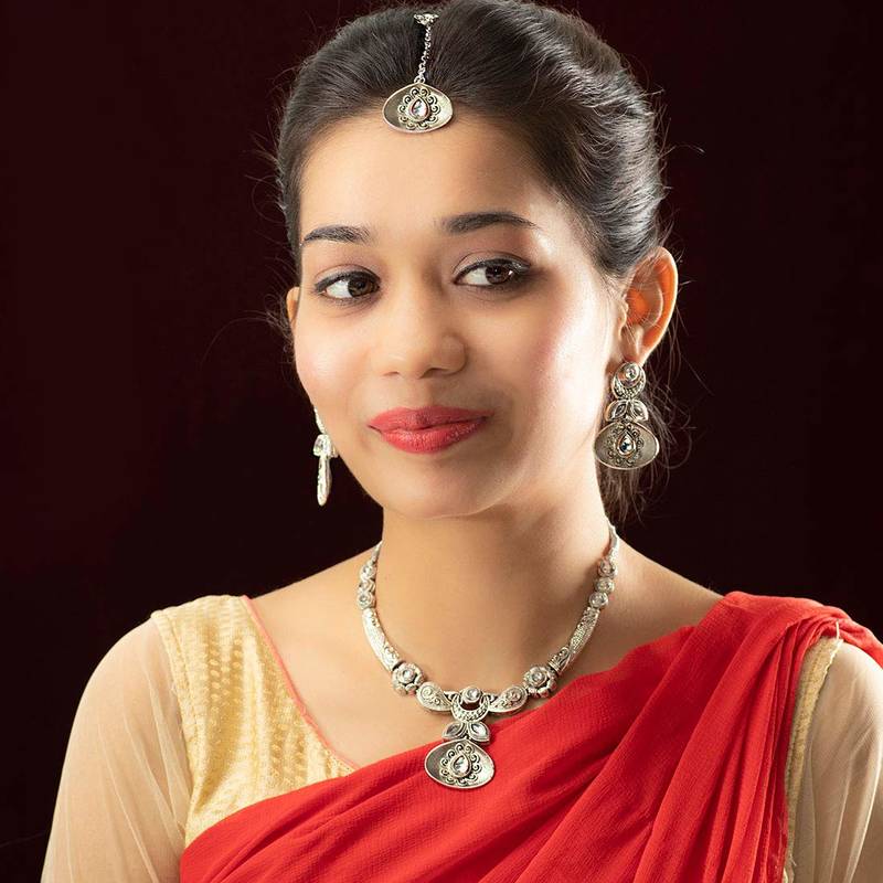 Oxidised Silver Handcrafted Rajsthani Necklace Set With Earrings & Maang Tikka For Women