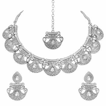Oxidised Silver Handcrafted Rajsthani Necklace Set With Earrings & Maang Tikka For Women 1