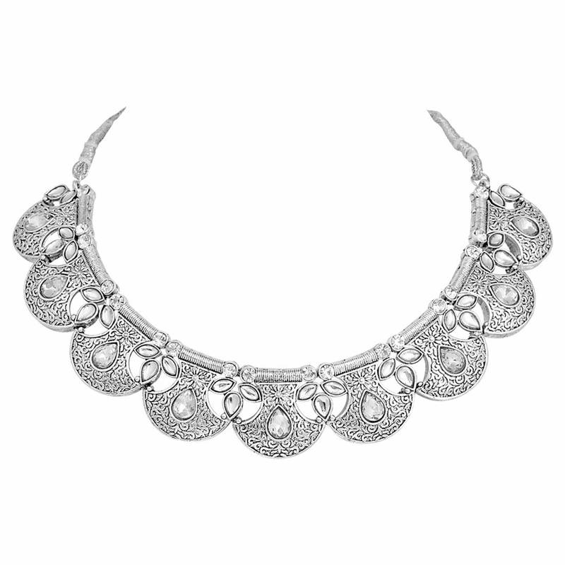 Oxidised Silver Handcrafted Rajsthani Necklace Set With Earrings & Maang Tikka For Women