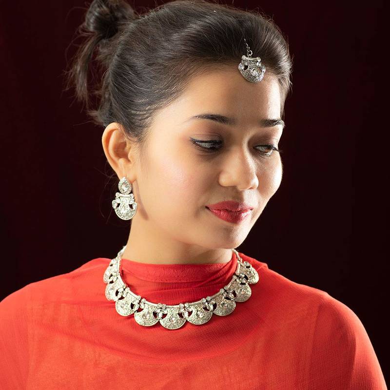 Oxidised Silver Handcrafted Rajsthani Necklace Set With Earrings & Maang Tikka For Women