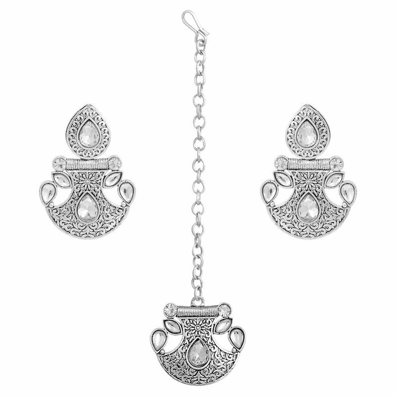 Oxidised Silver Handcrafted Rajsthani Necklace Set With Earrings & Maang Tikka For Women
