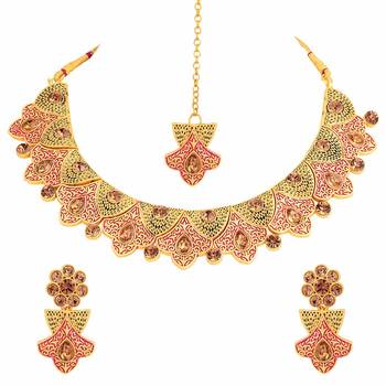 Handcrafted Original Meena Work Traditional Necklace Set With Earrings & Maang Tikka For Women 1