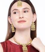 Antique Handcrafted Polki Traditional Necklace Set With Earrings & Maang Tikka For Women