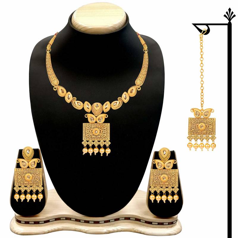 Antique Handcrafted Polki Traditional Necklace Set With Earrings & Maang Tikka For Women