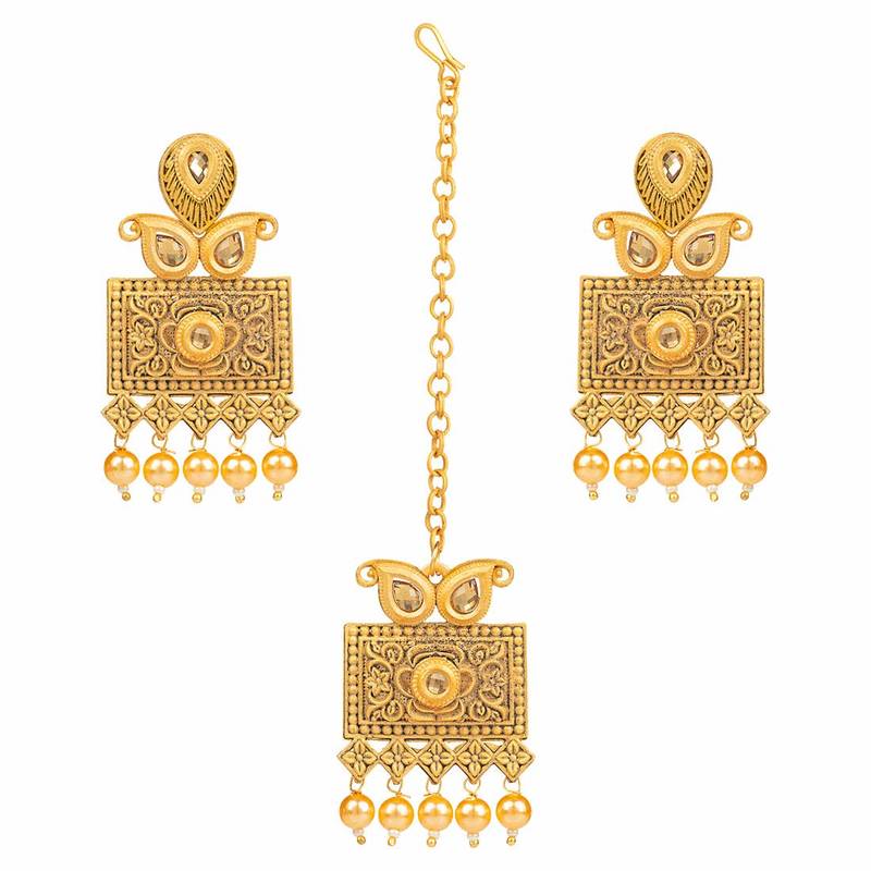 Antique Handcrafted Polki Traditional Necklace Set With Earrings & Maang Tikka For Women