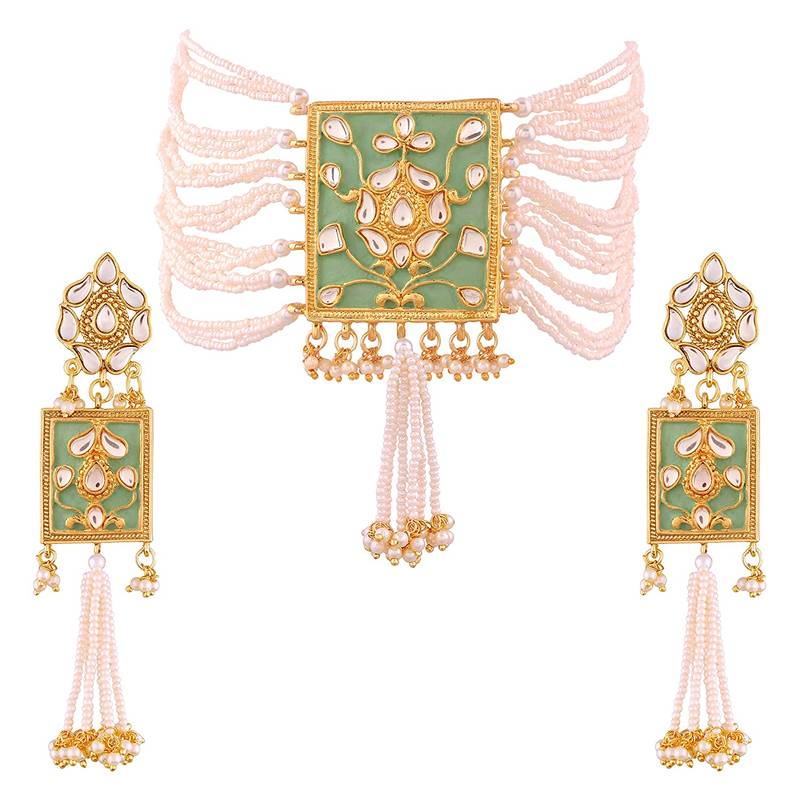 Gold Plated Traditional Padmavati Pearl & Kundan Necklace With Earrings For Women