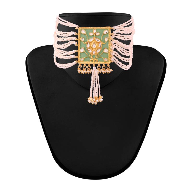 Gold Plated Traditional Padmavati Pearl & Kundan Necklace With Earrings For Women