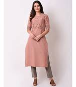 Orange Women's Cotton Embroidered Kurta