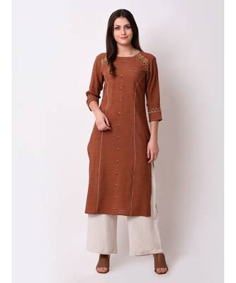 Brown Women's Rayon Slub Straight Embriodred Kurta 1