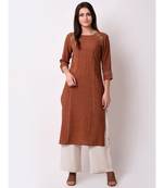 Brown Women's Rayon Slub Straight Embriodred Kurta