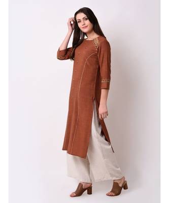 Brown Women's Rayon Slub Straight Embriodred Kurta 2