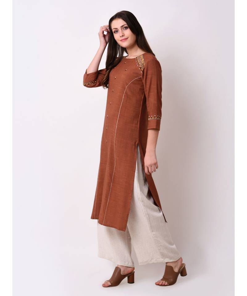 Brown Women's Rayon Slub Straight Embriodred Kurta