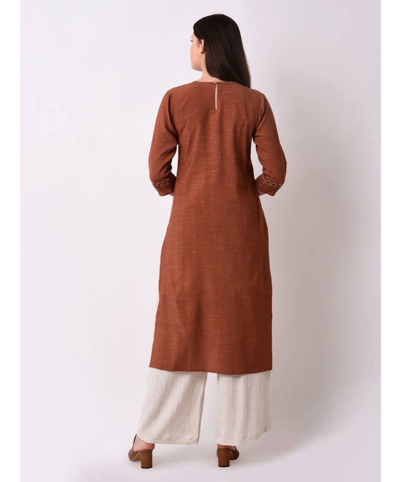 Brown Women's Rayon Slub Straight Embriodred Kurta