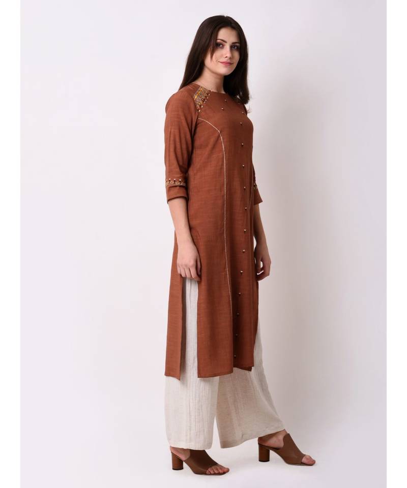 Brown Women's Rayon Slub Straight Embriodred Kurta