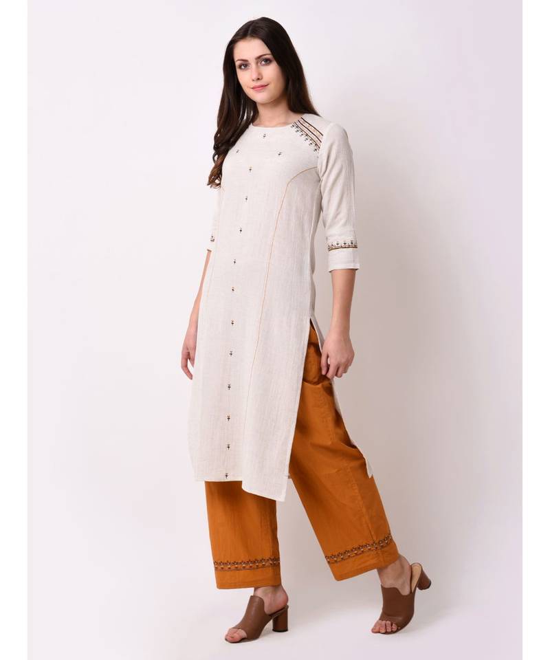 Beige Women's Rayon Flex Straight Embriodred Kurta