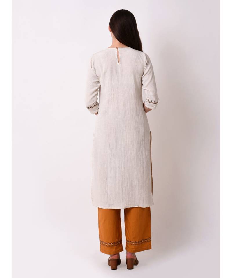 Beige Women's Rayon Flex Straight Embriodred Kurta