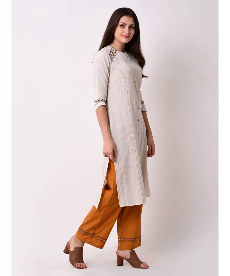 Beige Women's Rayon Flex Straight Embriodred Kurta