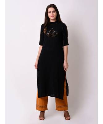 Black Women's Dobby Stripes Embroidered Kurta 1