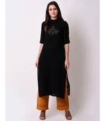 Black Women's Dobby Stripes Embroidered Kurta