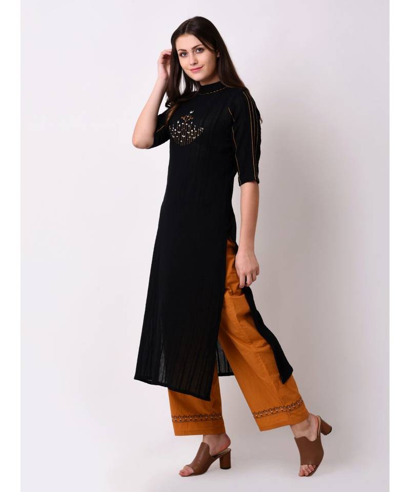 Black Women's Dobby Stripes Embroidered Kurta