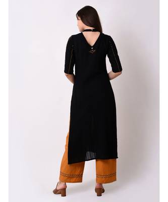 Black Women's Dobby Stripes Embroidered Kurta 3