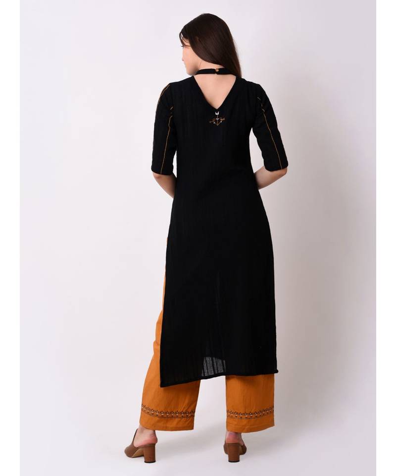 Black Women's Dobby Stripes Embroidered Kurta