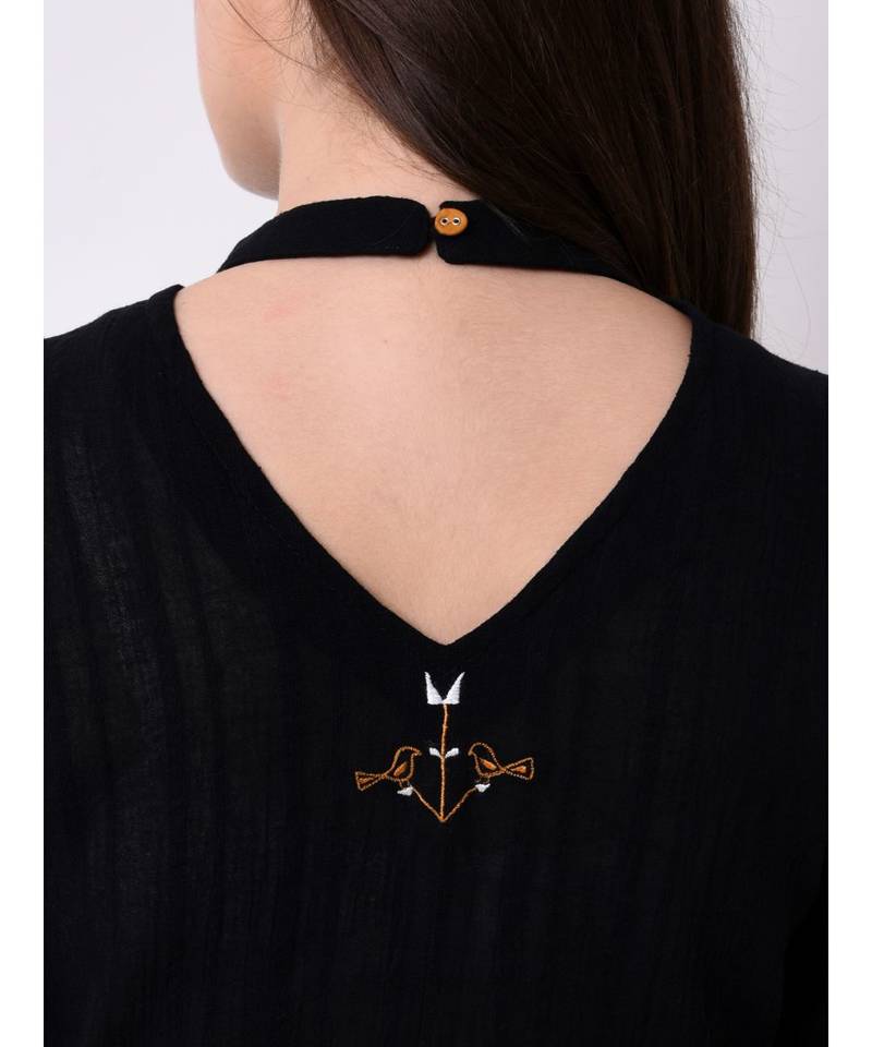 Black Women's Dobby Stripes Embroidered Kurta