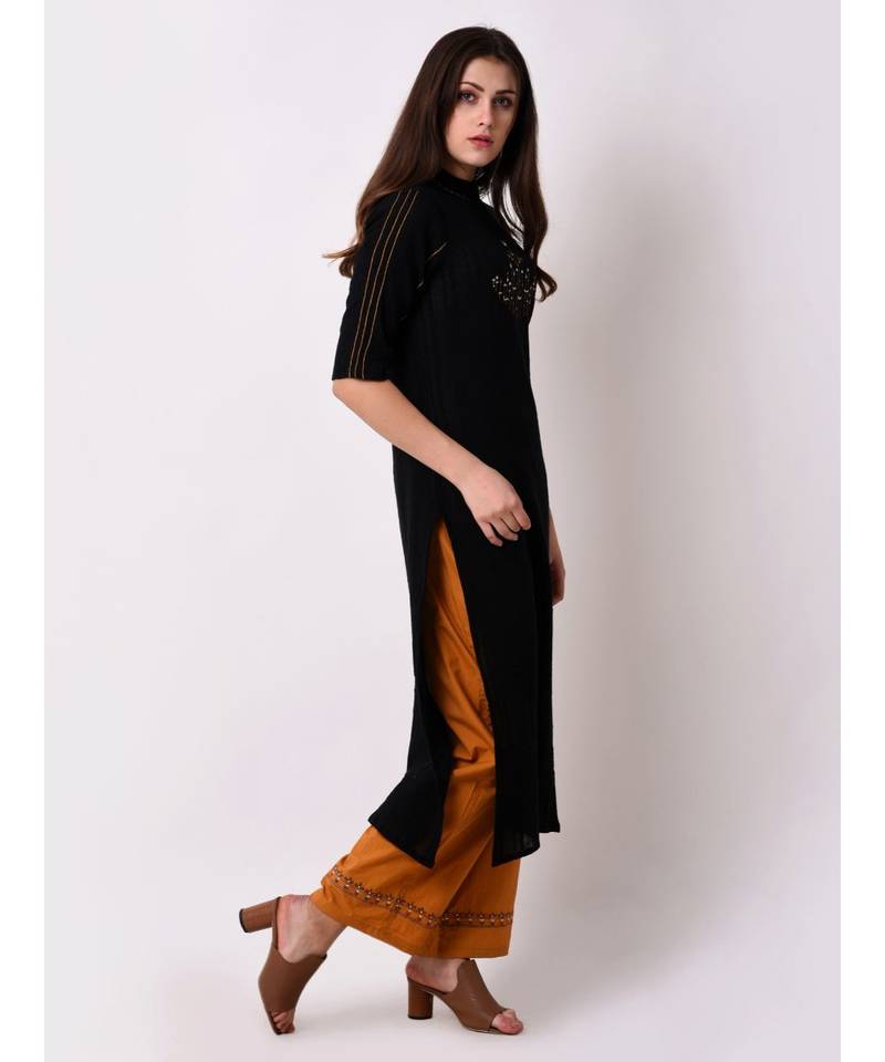 Black Women's Dobby Stripes Embroidered Kurta