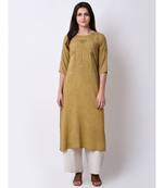 Green Women's Green Rayon Slub Embroidered Kurta