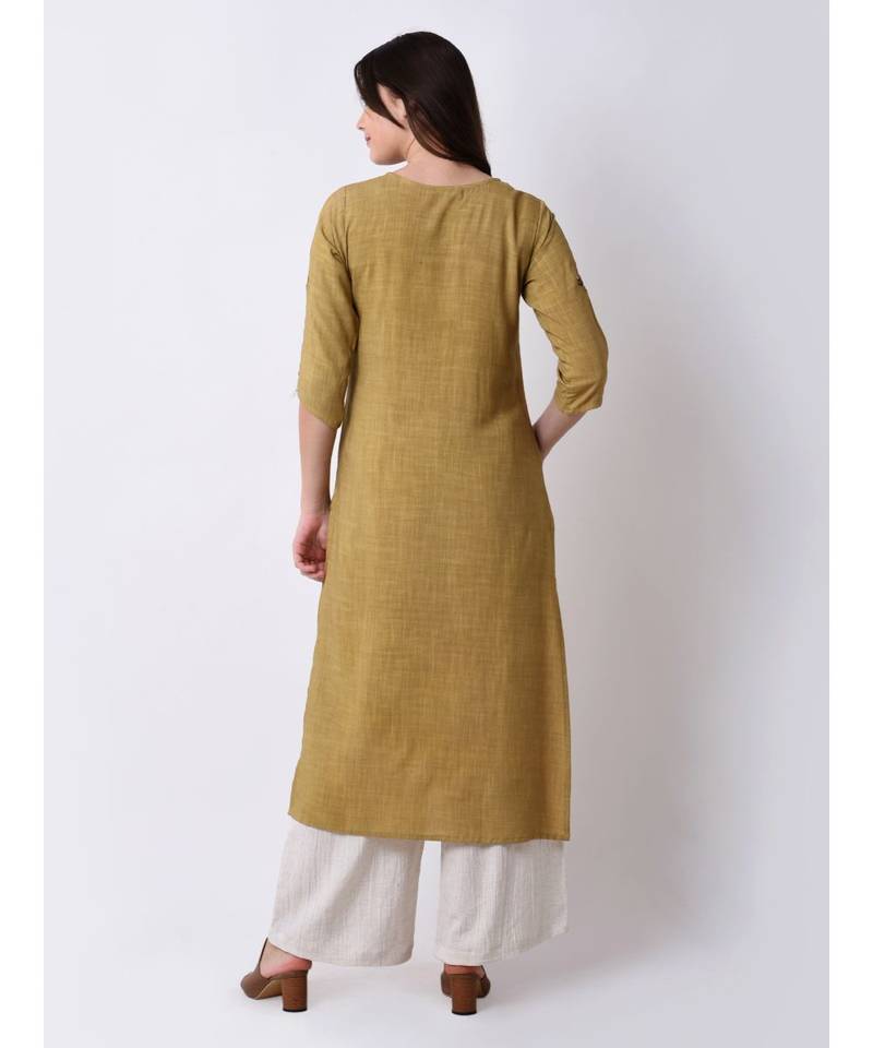 Green Women's Green Rayon Slub Embroidered Kurta