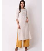 Beige Women's Cream Floral Embroidered Kurta