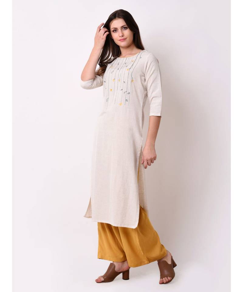 Beige Women's Cream Floral Embroidered Kurta