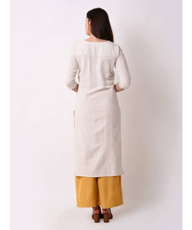 Beige Women's Cream Floral Embroidered Kurta