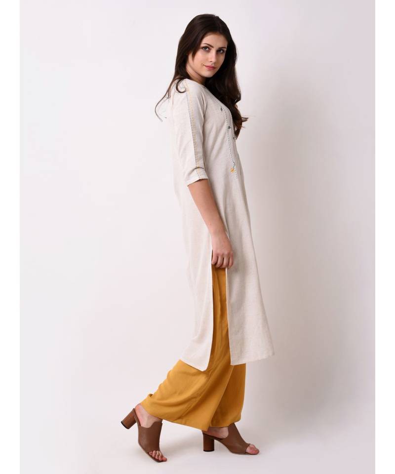 Beige Women's Cream Floral Embroidered Kurta