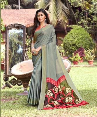 Grey woven jute saree with blouse 1